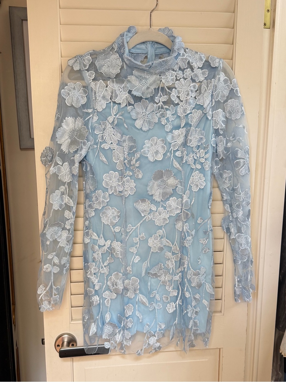Blue Floral Lace Mini Dress with Sheer Long Sleeves